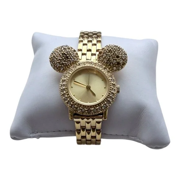VTG Disney Mickey Mouse Watch Women Gold Rhinestone Link Disney Store Box